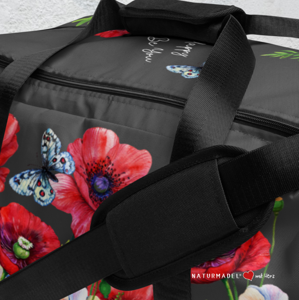 WEEKENDER - EXCLUSIVE SPORT-, BADE- U. REISETASCHE MIT EINZIGARTIGEM NATURMÄDEL® DESIGN TOSCANA AQUARELL MOHNBLUMEN UND BE HAPPY, BE YOU SCHRIFTZUG. SAMBESI GRAPHIT -  www.naturmaedel.com -