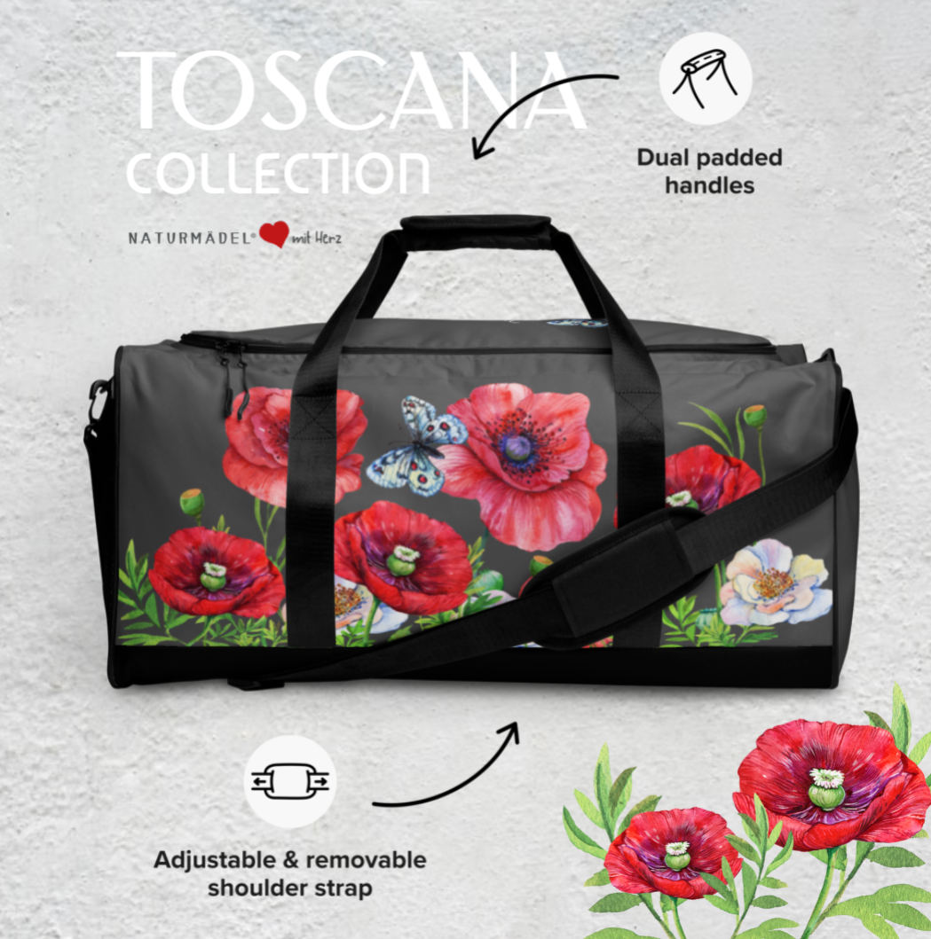 WEEKENDER - EXCLUSIVE SPORT-, BADE- U. REISETASCHE MIT EINZIGARTIGEM NATURMÄDEL® DESIGN TOSCANA AQUARELL MOHNBLUMEN UND BE HAPPY, BE YOU SCHRIFTZUG. SAMBESI GRAPHIT -  www.naturmaedel.com -