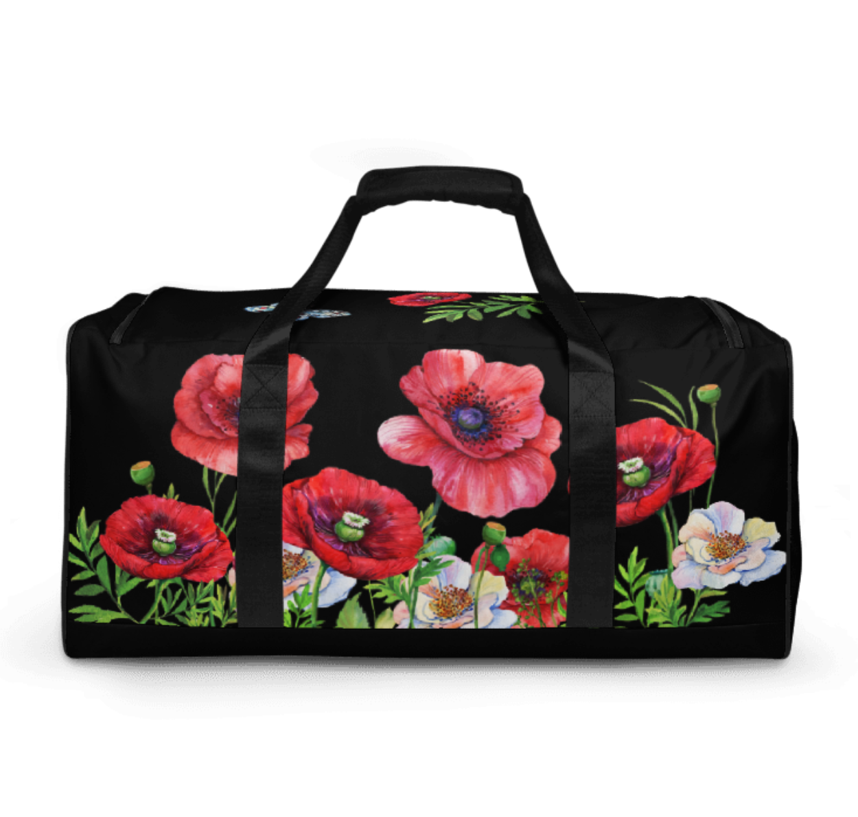 WEEKENDER - EXCLUSIVE SPORT-, BADE- U. REISETASCHE MIT EINZIGARTIGEM NATURMÄDEL® DESIGN TOSCANA AQUARELL MOHNBLUMEN UND BE HAPPY, BE YOU SCHRIFTZUG.