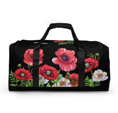 WEEKENDER - EXCLUSIVE SPORT-, BADE- U. REISETASCHE MIT EINZIGARTIGEM NATURMÄDEL® DESIGN TOSCANA AQUARELL MOHNBLUMEN UND BE HAPPY, BE YOU SCHRIFTZUG.