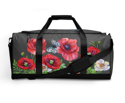 WEEKENDER - EXCLUSIVE SPORT-, BADE- U. REISETASCHE MIT EINZIGARTIGEM NATURMÄDEL® DESIGN TOSCANA AQUARELL MOHNBLUMEN UND BE HAPPY, BE YOU SCHRIFTZUG.