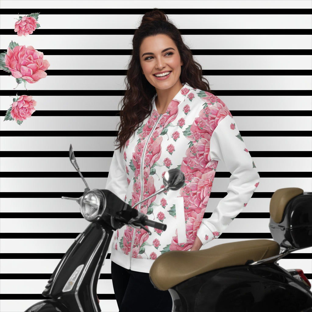 NATURMÄDEL® AQUARELL ROSE IN LOVE DESIGN. EXCLUSIVE UNISEX  DAMEN LOUNGEWEAR SPORT- U. FREIZEITJACKE  - HIGHTECH PREMIUM QUALITÄT - WEISS MIT KUNSTDRUCK - 1.0 - DESIGN Verena u. Janina by VerJa.ME®  - www.naturmaedel.shop - 