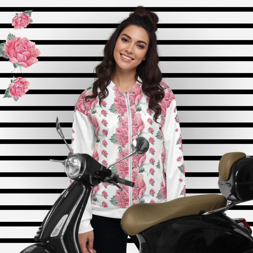 NATURMÄDEL® AQUARELL ROSE IN LOVE DESIGN. EXCLUSIVE UNISEX  DAMEN LOUNGEWEAR SPORT- U. FREIZEITJACKE  - HIGHTECH PREMIUM QUALITÄT - WEISS MIT KUNSTDRUCK - 1.2 - DESIGN Verena u. Janina by VerJa.ME®  - www.naturmaedel.shop - 