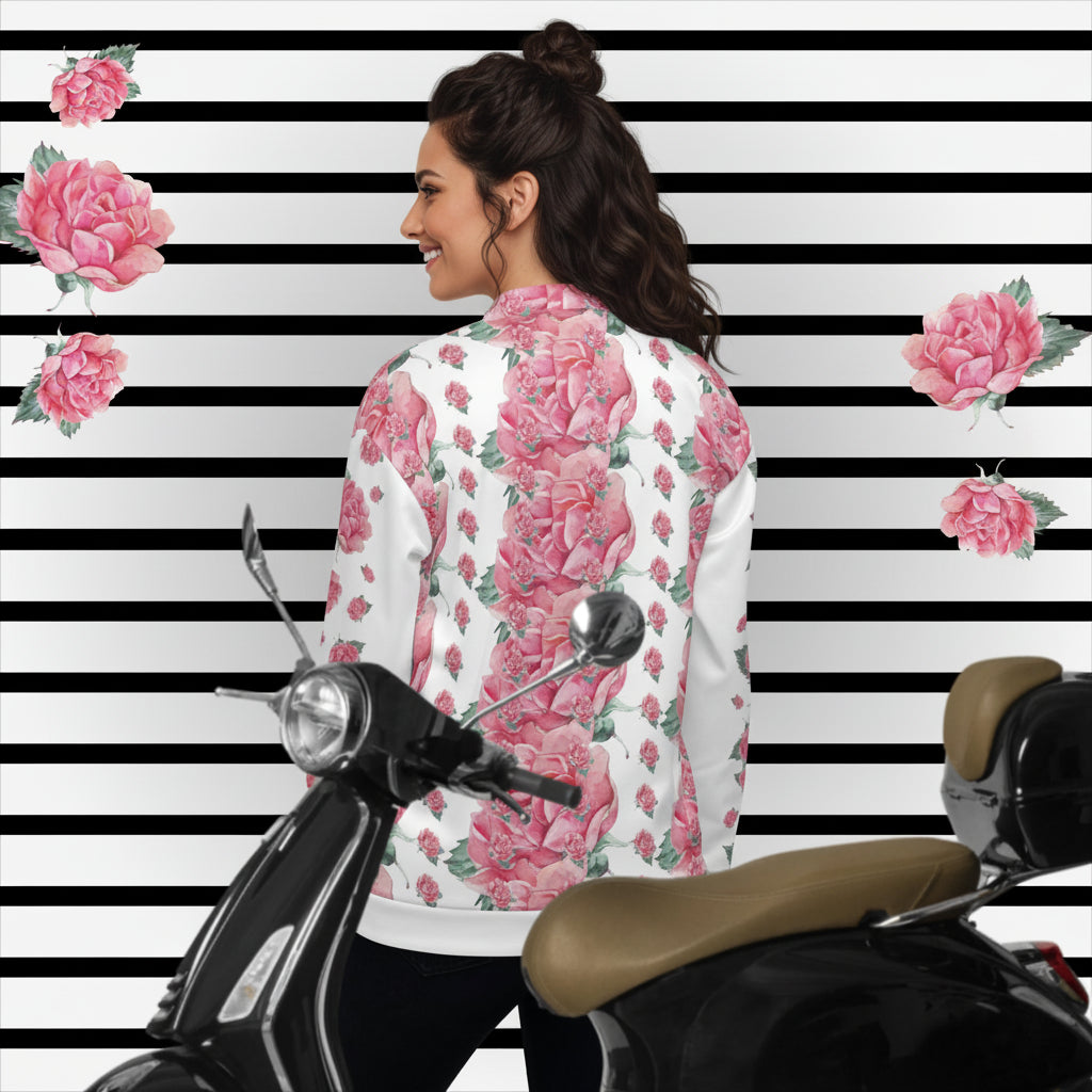 NATURMÄDEL® AQUARELL ROSE IN LOVE DESIGN. EXCLUSIVE UNISEX  DAMEN LOUNGEWEAR SPORT- U. FREIZEITJACKE  - HIGHTECH PREMIUM QUALITÄT - WEISS MIT KUNSTDRUCK - 1.3 - DESIGN Verena u. Janina by VerJa.ME®  - www.naturmaedel.shop - 