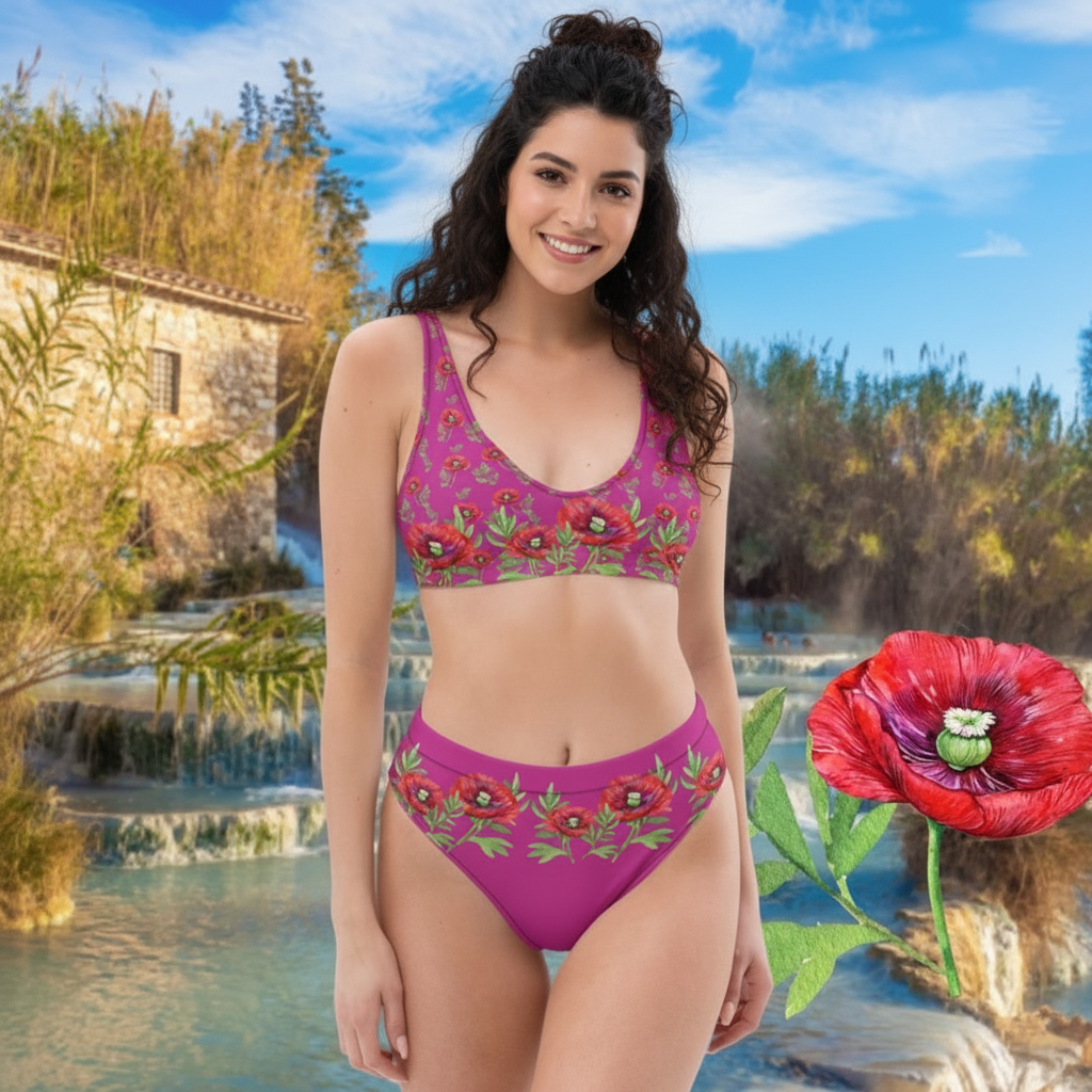 NATURMÄDEL® TOSCANA MOHNBLUMEN DESIGN - WUNDERSCHÖNER DESIGNER BEKINI - FARBE ROT VIOLETT MITTEL MIT EXCLUSIVEM AQUARELL MOHNBLUMEN DESIGN - ITALIEN THERME - NATURMÄDEL CIARA - www.naturmaedel.shop - 
