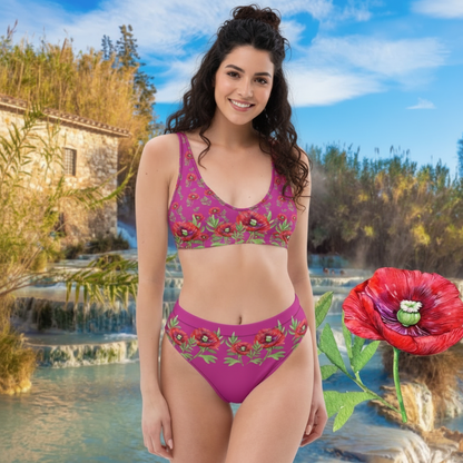 NATURMÄDEL® TOSCANA MOHNBLUMEN DESIGN - WUNDERSCHÖNER DESIGNER BEKINI - FARBE ROT VIOLETT MITTEL MIT EXCLUSIVEM AQUARELL MOHNBLUMEN DESIGN - ITALIEN THERME - NATURMÄDEL CIARA - www.naturmaedel.shop - 
