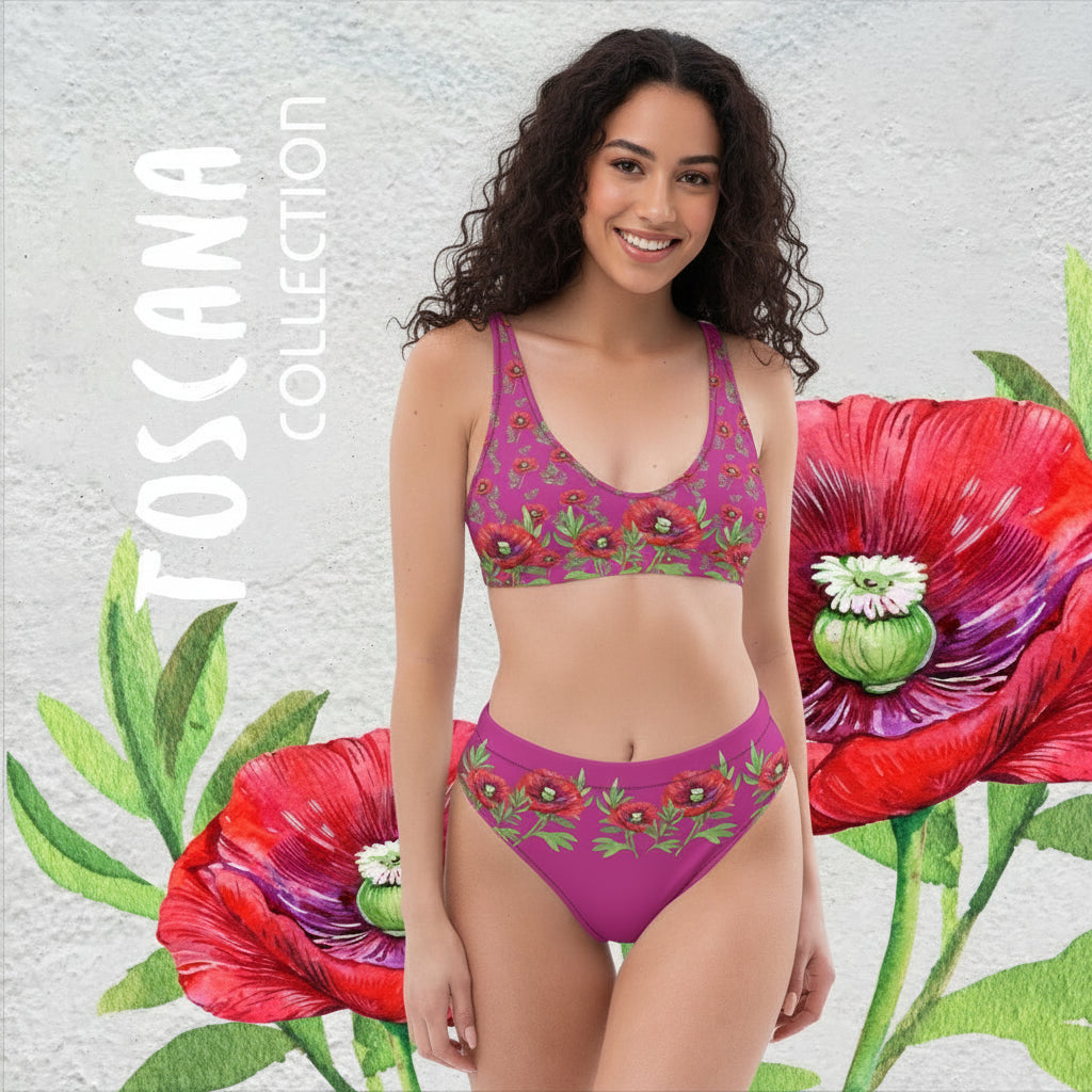 NATURMÄDEL® TOSCANA MOHNBLUMEN DESIGN - WUNDERSCHÖNER DESIGNER BIKINI HIGHWAIST- FARBE ROT VIOLETT MITTEL MIT EXCLUSIVEM AQUARELL MOHNBLUMEN DESIGN - ITALIEN THERME - NATURMÄDEL CIARA - www.naturmaedel.shop - 