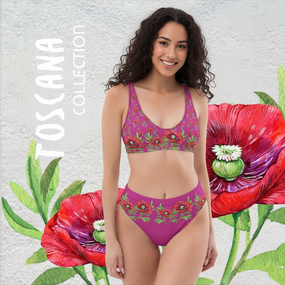 NATURMÄDEL® TOSCANA MOHNBLUMEN DESIGN - WUNDERSCHÖNER DESIGNER BIKINI HIGHWAIST- FARBE ROT VIOLETT MITTEL MIT EXCLUSIVEM AQUARELL MOHNBLUMEN DESIGN - ITALIEN THERME - NATURMÄDEL CIARA - www.naturmaedel.shop - 