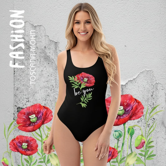 ROMANTISCHER, ELEGANTER, EXCLUSIVER BADEANZUG DER ALLE WÜNSCHE ERFÜLLT. MIT EDLEM, WUNDERSCHÖNEM NATURMÄDEL® TOSCANA MOHN DESING. FARBE SCHWARZ MIT ROTEN MOHNBLUMEN AQUARELL DESIGN - NATURMÄDEL JANINA - www.naturmaedel.shop - 