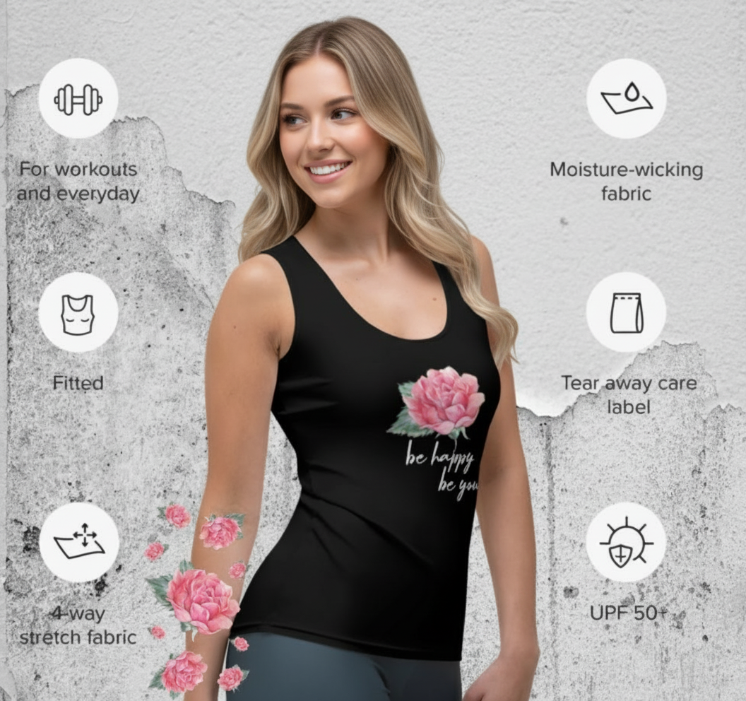 SUPER STRETCH, FIGURBETONTES, DESIGNER YOGA UND FITNESS TANK TOP. EXCLUSIVE FUNKTIONALITÄT UND BEQUEMLICHKEIT. DAS NATURMÄDEL® DESIGN ROSE IN LOVE, BE HAPPY BE YOU SORGEN FÜR LEBENSFREUDE PUR- 2.2 -www.naturmaedel.shop -