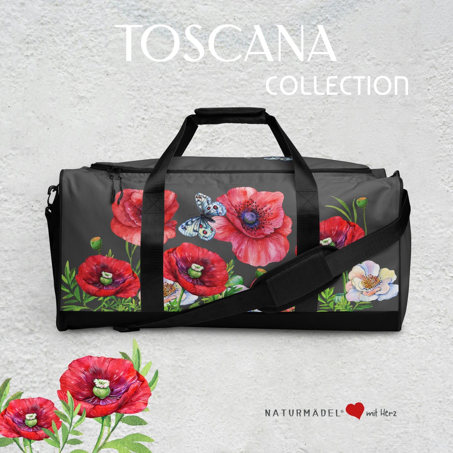 WEEKENDER - EXCLUSIVE SPORT-, BADE- U. REISETASCHE MIT EINZIGARTIGEM NATURMAEDEL® TOSCANA EDEL DESIGN, AQUARELL MOHNBLUMEN UND BE HAPPY, BE YOU SCHRIFTZUG - FARBE SAMBESI - DESIGN VERENA U. JANINA by VerJa.ME® - 1.0 - www.naturmaedel.shop - 