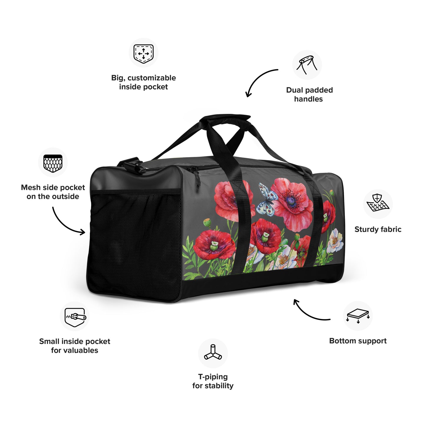 WEEKENDER - EXCLUSIVE SPORT-, BADE- U. REISETASCHE MIT EINZIGARTIGEM NATURMAEDEL® TOSCANA EDEL DESIGN, AQUARELL MOHNBLUMEN UND BE HAPPY, BE YOU SCHRIFTZUG - FARBE SAMBESI - DESIGN VERENA U. JANINA by VerJa.ME® - 1.9 - www.naturmaedel.shop - 
