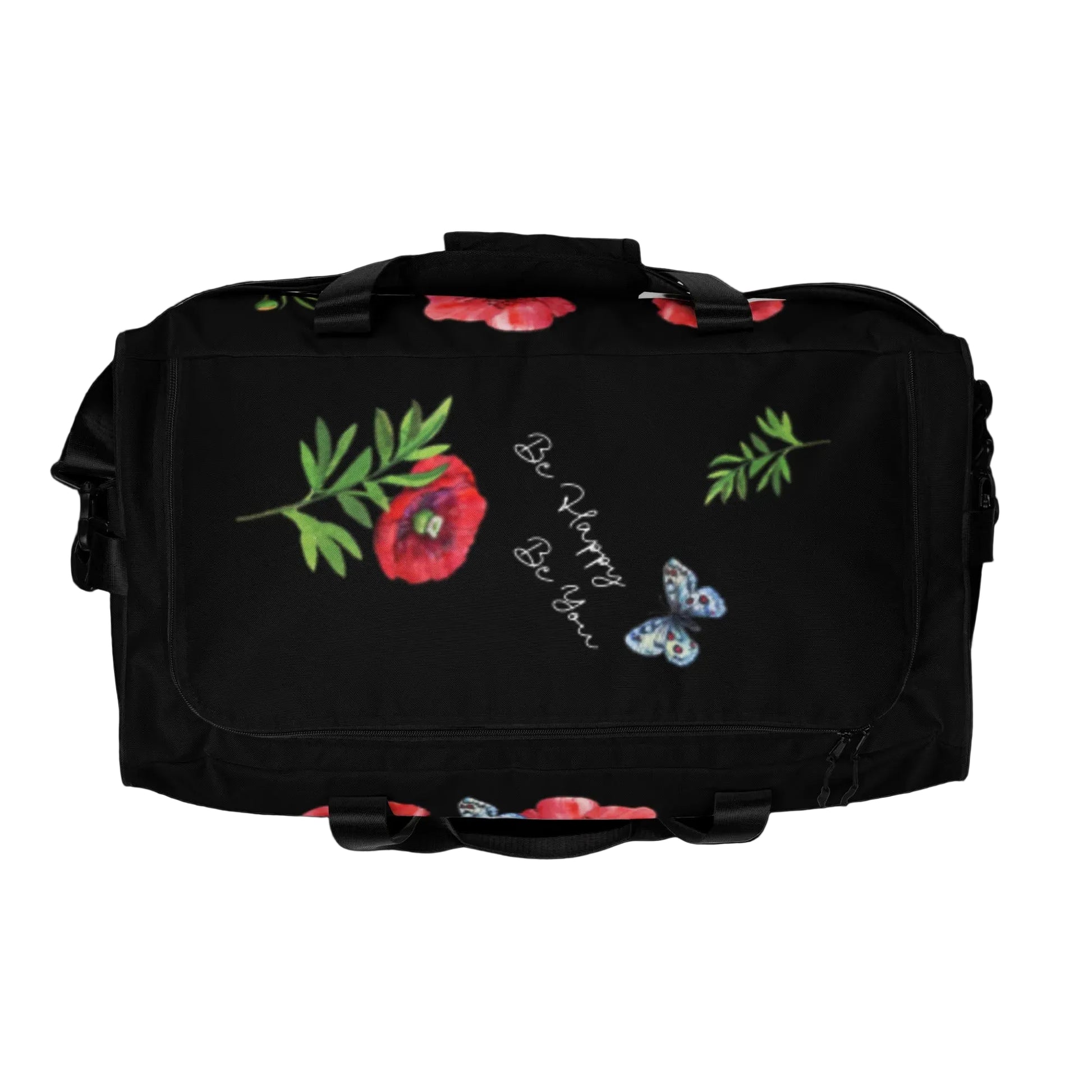 WEEKENDER - EXCLUSIVE SPORT-, BADE- U. REISETASCHE MIT EINZIGARTIGEM NATURMAEDEL® TOSCANA EDEL DESIGN, AQUARELL MOHNBLUMEN UND BE HAPPY, BE YOU SCHRIFTZUG - FARBE SCHWARZ - DESIGN VERENA U. JANINA by VerJa.ME® - 1.4 - www.naturmaedel.shop - 