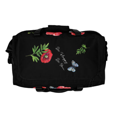 WEEKENDER - EXCLUSIVE SPORT-, BADE- U. REISETASCHE MIT EINZIGARTIGEM NATURMAEDEL® TOSCANA EDEL DESIGN, AQUARELL MOHNBLUMEN UND BE HAPPY, BE YOU SCHRIFTZUG - FARBE SCHWARZ - DESIGN VERENA U. JANINA by VerJa.ME® - 1.4 - www.naturmaedel.shop - 