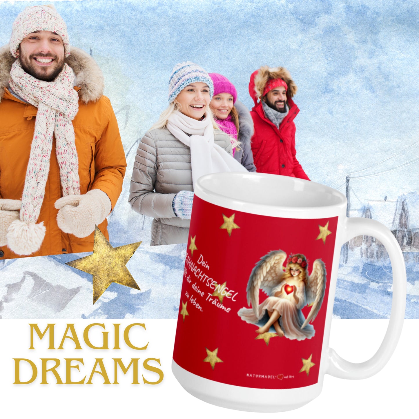 EXCLUSIVES NATURMÄDEL® DRUCKDESIGN - MAGIC DREAMS - MAGISCHER WEIHNACHTSBECHER AUS GLÄNZENDER KERAMIK DER DIR HELFEN KANN, DEINE TRÄUME ZU LEBEN.  - FREUNDE - www.naturmaedel.shop - 