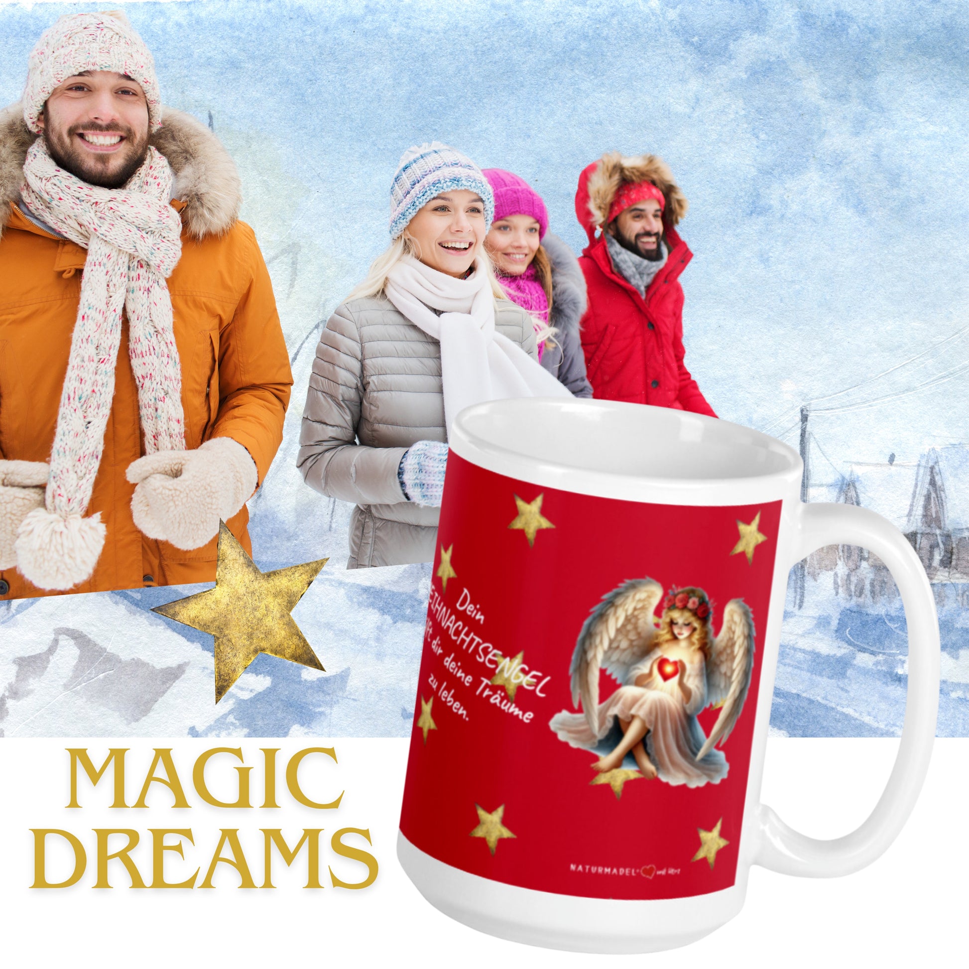 EXCLUSIVES NATURMÄDEL® DRUCKDESIGN - MAGIC DREAMS - MAGISCHER WEIHNACHTSBECHER AUS GLÄNZENDER KERAMIK DER DIR HELFEN KANN, DEINE TRÄUME ZU LEBEN.  - FREUNDE - www.naturmaedel.shop - 