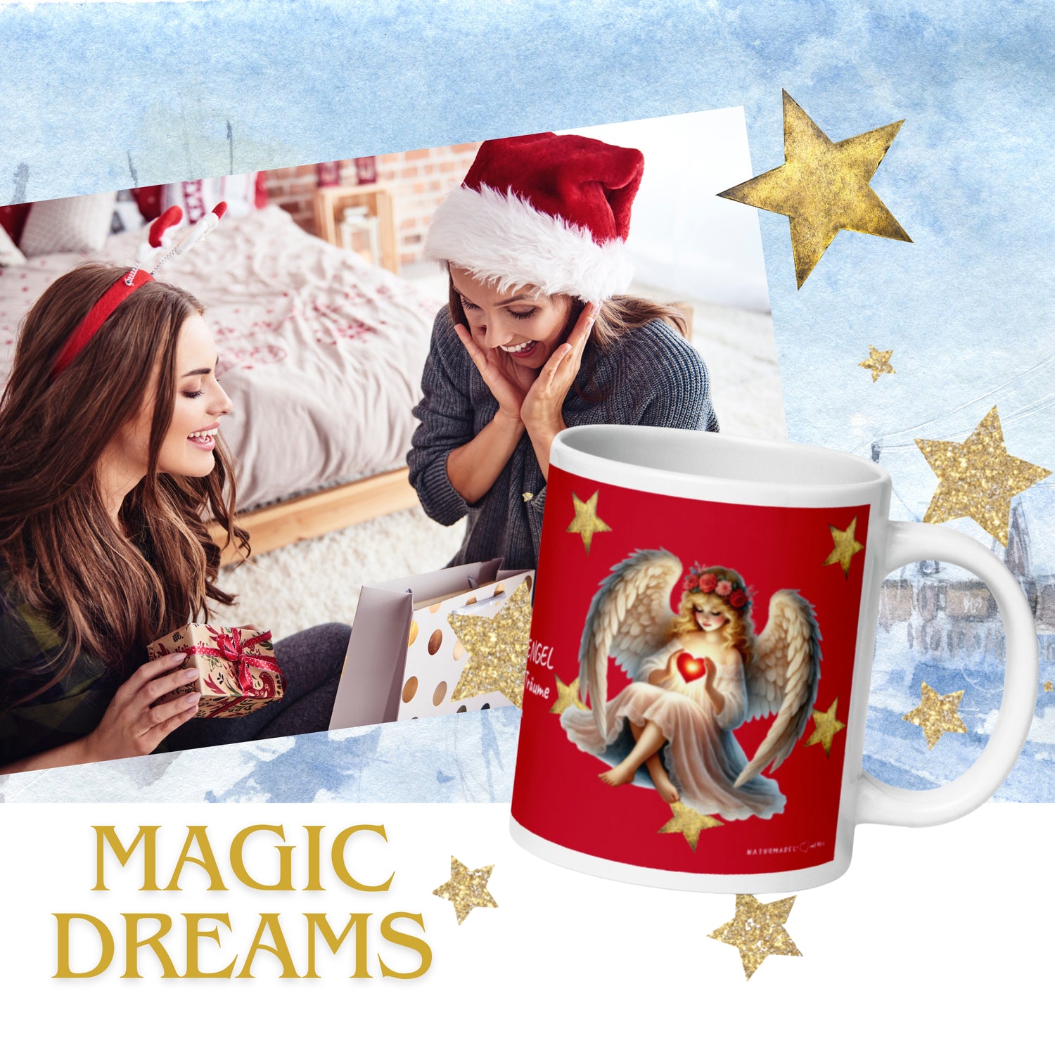 EXCLUSIVES NATURMÄDEL® DRUCKDESIGN - MAGIC DREAMS - MAGISCHER WEIHNACHTSBECHER AUS GLÄNZENDER KERAMIK DER DIR HELFEN KANN, DEINE TRÄUME ZU LEBEN.  - FREUNDIN - www.naturmaedel.shop - 