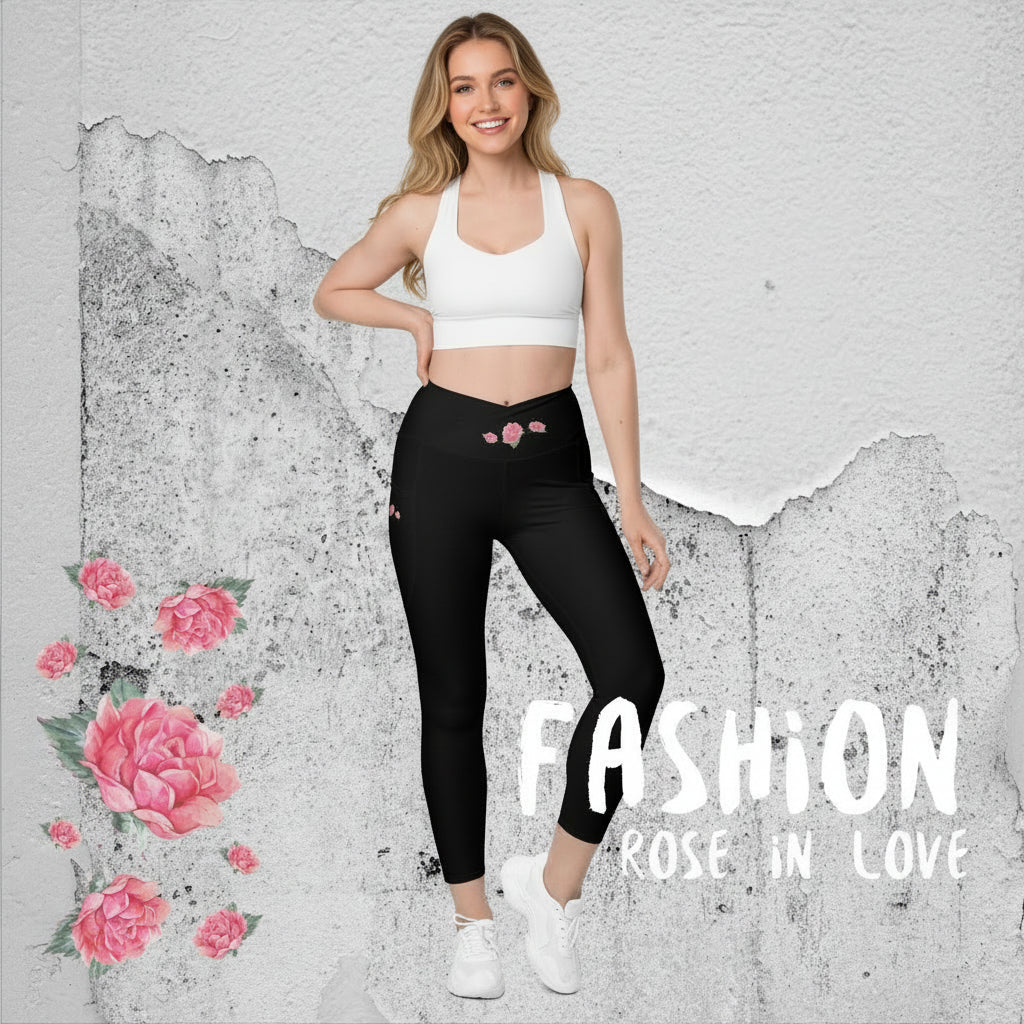 WUNDERSCHOENE, FIGURBETONTE CROSSOVER LEGGINGS MIT BEQUEMEN V-BUND UND LIEBEVOLLEN DETAILS. DEIN  IDEALER BEGLEITER FUER YOGA-, FITNESS- UND ALLE FREIZEITAKTIVITAETEN.   EINZIGARTIGES NATURMAEDEL® ROSE IN LOVE DESIGN - 1.2 - www.naturmaedel.shop - 