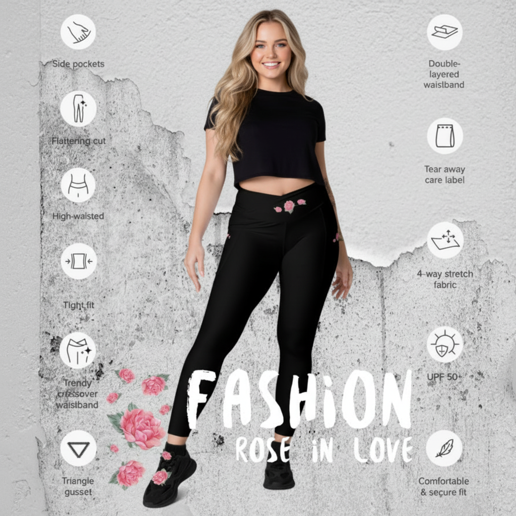 WUNDERSCHOENE, FIGURBETONTE CROSSOVER LEGGINGS MIT BEQUEMEN V-BUND UND LIEBEVOLLEN DETAILS. DEIN  IDEALER BEGLEITER FUER YOGA-, FITNESS- UND ALLE FREIZEITAKTIVITAETEN.   EINZIGARTIGES NATURMAEDEL® ROSE IN LOVE DESIGN - 1.4- www.naturmaedel.shop - 