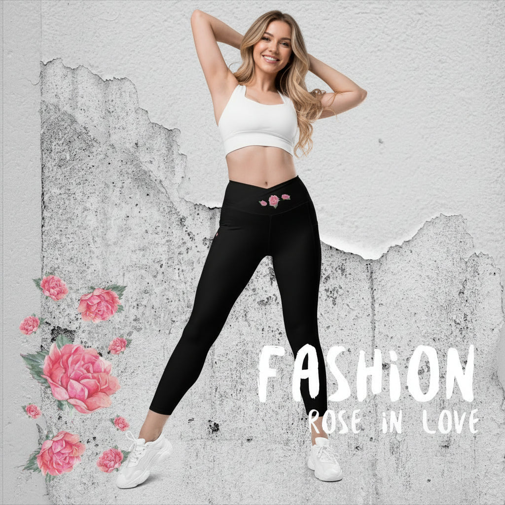 WUNDERSCHOENE, FIGURBETONTE CROSSOVER LEGGINGS MIT BEQUEMEN V-BUND UND LIEBEVOLLEN DETAILS. DEIN  IDEALER BEGLEITER FÜR YOGA-, FITNESS- UND ALLE FREIZEITAKTIVITAETEN.   EINZIGARTIGES NATURMAEDEL® ROSE IN LOVE DESIGN - www.naturmaedel.shop - 