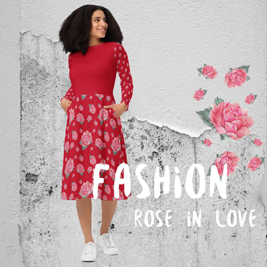 ROMANTISCHES MIDIKLEID MIT EXCLUSIVEM NATURMÄDEL® DESIGN AQUARELL ROSE IN LOVE, www.naturmaedel.com