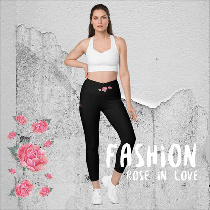 Wunderschöne, Figur betonte V-Bund, HighTech Yoga-, Fitness u. Freizeitlegging. Mit viel Liebe zum Detail und unserem NATURMÄDEL® ROSE IN LOVE DESIGN verziert. V-Bund-Leggings mit Taschen - www.naturmaedel.shop 