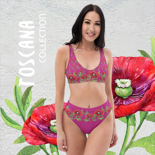 EXCLUSIVER FIGURBETONTER HIGH WAIST BIKINI - EINZIGARTIGES NATURMÄDEL® TOSCANA DESIGN MIT AQUARELL MOHNBLUMEN - www.naturmaedel.shop