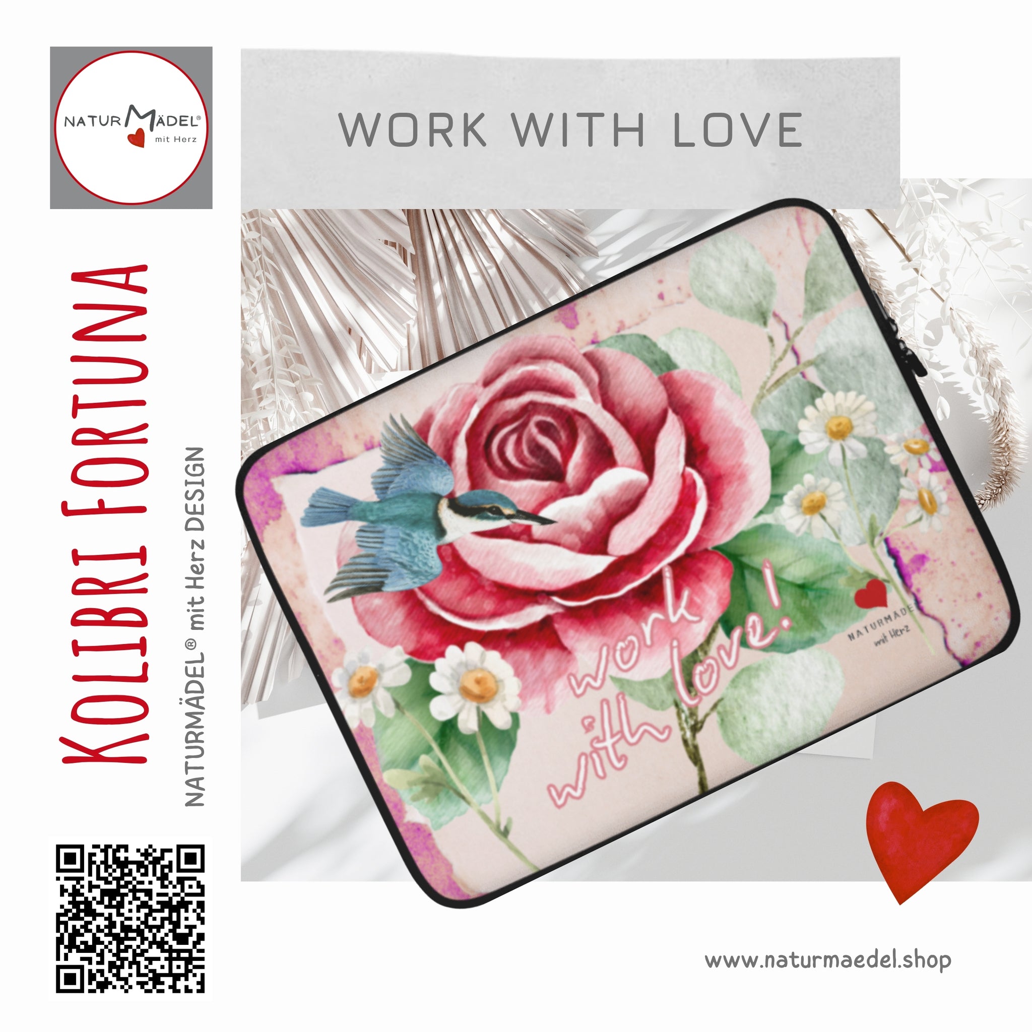 EDLES, PURISTISCH, ELEGANTES MACBOOK, LAPTOP SLEEVE IM EXCLUSIVEN NATURMÄDEL® DESIGN WORK WITH LOVE -  VINTAGE ROSE & KOLIBRI - Der optimale und stylische Schutz für Unterwegs - GRÖSSEN 13“ UND 15“ ZOLL - INNENANSICHT - designed NATURMÄDEL® by VerJa.ME® - 1.5 - www.naturmädel.shop - 
